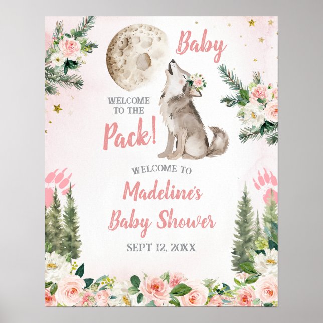Rosa Florales Mond Wald Wolf Willkommensschild Poster (Vorne)