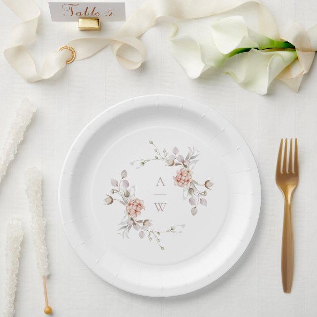 Rosa Florales Monogramm Hochzeitspapierteller  Pappteller (Hochzeit)