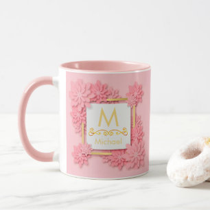 Rosa florales Monogramm I Benutzerdefinierte golde Tasse