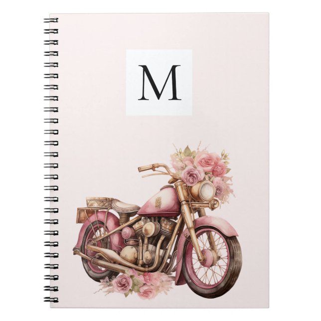 Rosa florales Motorrad-Monogramm  Notizblock (Vorderseite)