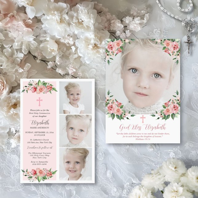 Rosa florales Multifoto Erste Kommune für Mädchen Einladung (First Holy Communion invitation for little girls with photo collage and keepsake backer)