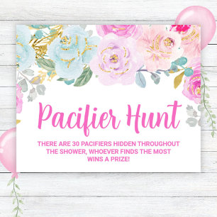 Rosa florales Sauger-Jagd-Baby-Shower-Spiel-Schild Poster