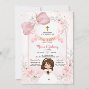 Rosa Florales Schleifchen Mädchen Tauben Taufkleid Einladung