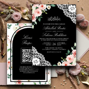 Rosa Florales Schwarze Spitze QR Code Muslimische Einladung