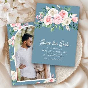 Rosa Florales Staubtiefblaues Hochzeitsfoto Save The Date