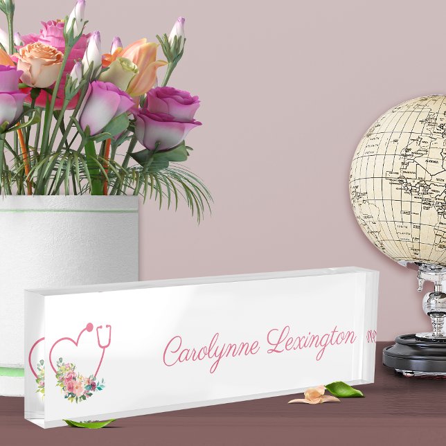 Rosa florales Stethoskop Herzkrankenarzt Namensplakette (Von Creator hochgeladen)