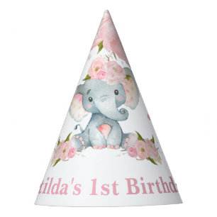 Rosa Florales Süßer Baby Elefant 1. Geburtstag Partyhütchen