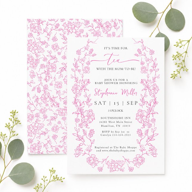 Rosa Florales Teekränzchen mit der werdenden Mutte Einladung (Pink Floral Tea with the Mom-to-be Baby Shower Invitation)