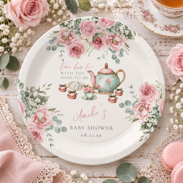 Rosa Florales Tees mit der werdenden Mutter Baby S Pappteller (Pink Floral Tea with the Mom-to-be Baby Shower Paper Plates)