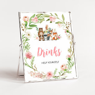 Rosa Florales Wald-Baby-Shower-Getränke-Schild Poster
