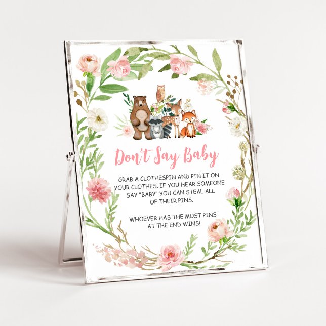 Rosa Florales Wald Don't Say Baby Schild (Girl Woodland Animals Baby Shower Don't Say Baby Sign)