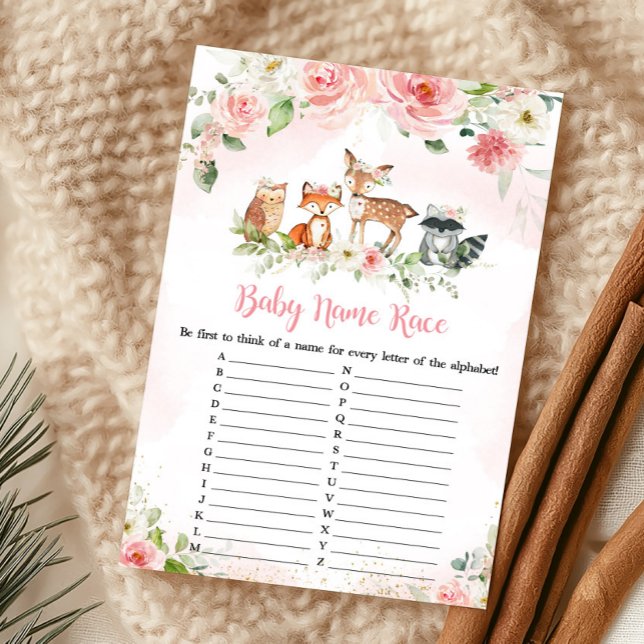 Rosa Florales Wald-Dusch-Babynamen-Rennen-Spiel (Girl Woodland Animals Baby Shower Baby Name Race Game)