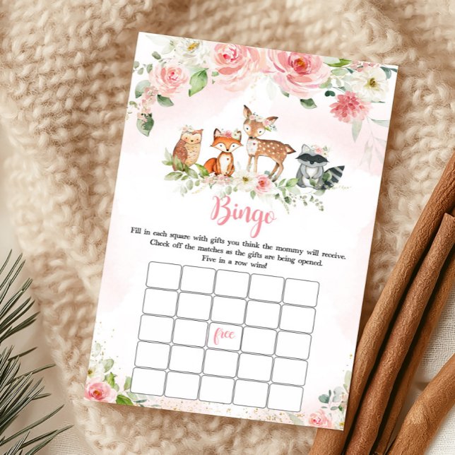 Rosa Florales Wald-Dusch-Bingo-Spiel (Girl Woodland Animals Baby Shower Bingo Game)