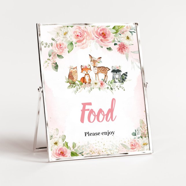 Rosa Florales Wald-Dusch-Lebensmittel-Schild Poster (Girl Woodland Animals Baby Shower Food Sign)