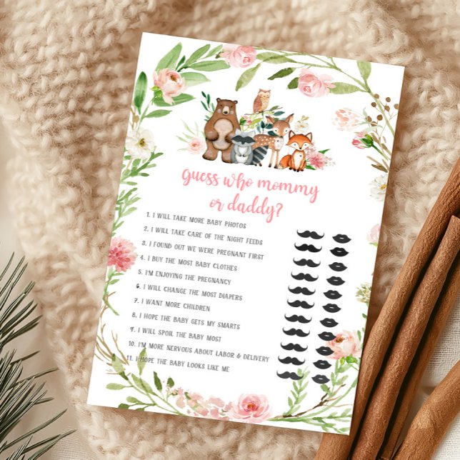 Rosa Florales Wald Ratespiel: Wer ist Mama oder Pa (Girl Woodland Animals Baby Shower Guess Who Mommy or Daddy Game)