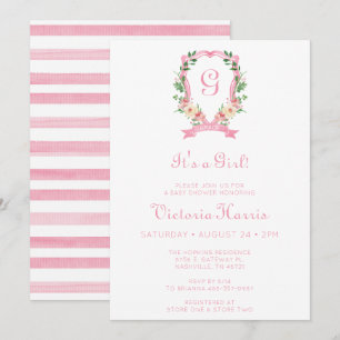 Rosa florales Wappen It's A Girl Baby Shower Einladung