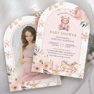 Rosa florales Winter-Teddy-Bär-Foto-Baby-Party Einladung