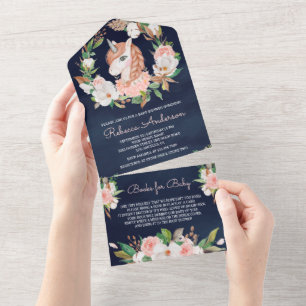 Rosa Florales Zopf-Einhorn Navy Baby Shower All In One Einladung