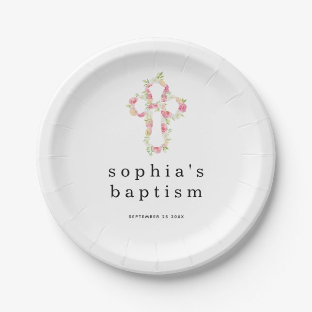 Rosa Florals Kreuzname Datum Girl Taufen Papier Pl Pappteller (Vorderseite)