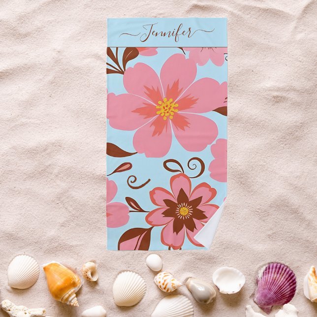 Rosa Florals - Pastel Vibes-Retro-Blume Strandtuch (Pink Floral Mood –Pastel Vibes-Dopamine Style Beach Towel-Personalized)
