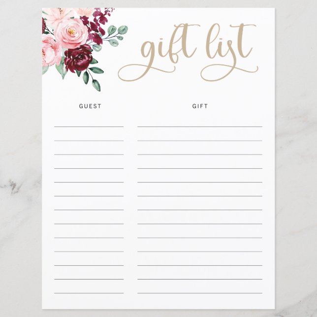 Rosa Florals und Gold-Geschenkliste (Vorderseite)