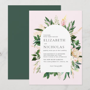 Rosa Florals und Grüne Botanische Hochzeit Einladung