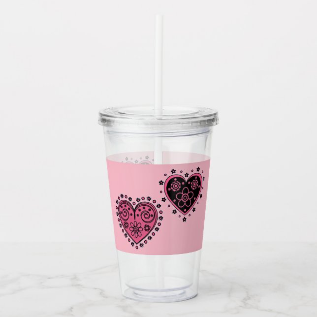 Rosa Flower Hearts Acryltrinkbecher (Vorderseite)