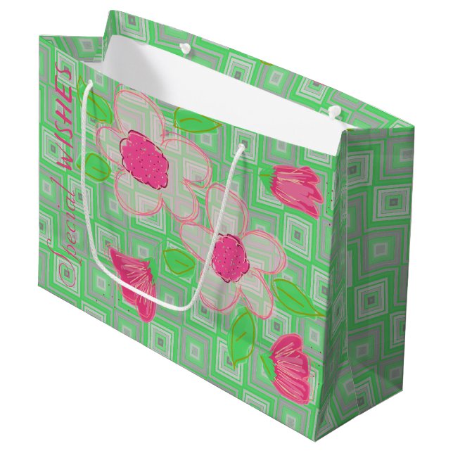 Rosa Flower mit Grün und Grau Große Geschenktüte (Vorderseite Schrägansicht)