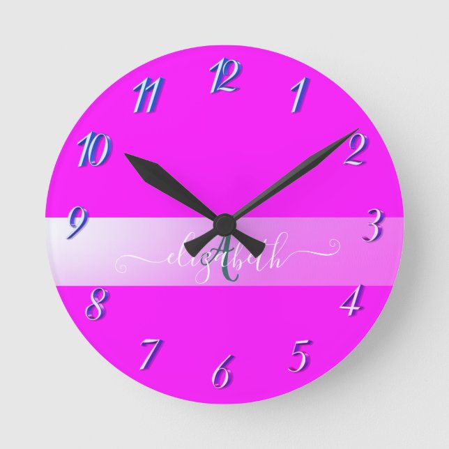 Rosa fluoreszierendes Monogramm Runde Wanduhr (Vorderseite)