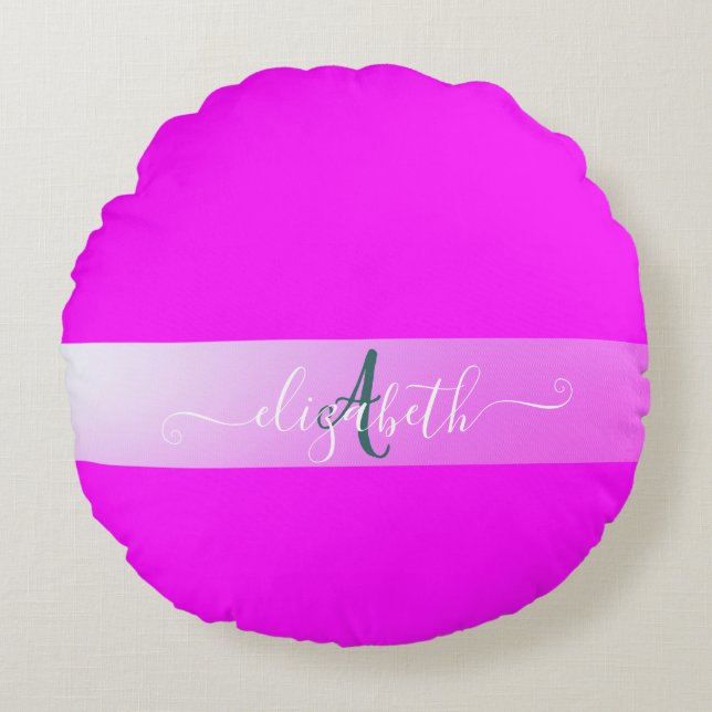 Rosa fluoreszierendes Monogramm Rundkissen Rundes Kissen (Vorderseite)