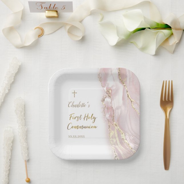 rosa Flüssigkeitsmarmor Erstkommunion Pappteller (Hochzeit)