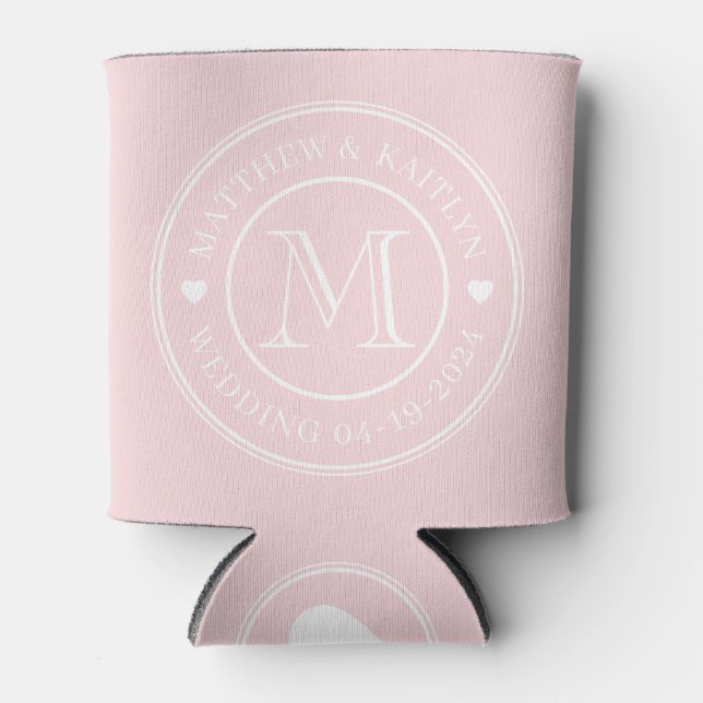 Rosa Flüsternde Hochzeitsmonogramm Herz Dosenkühler (Vorderseite)