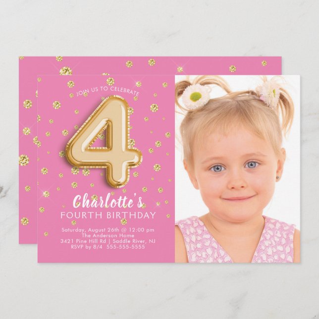 Rosa Foil Ballon Foto 4. Geburtstag Einladung (Vorne/Hinten)