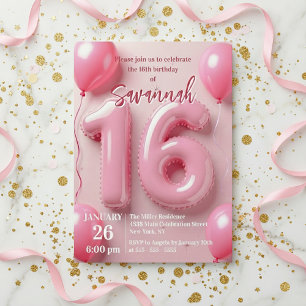 Rosa Folienballon-Typografie Sweet 16 Geburtstag Einladung