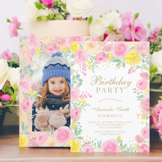 Rosa Foto Aquarell Kindergeburtstag Party Einladung