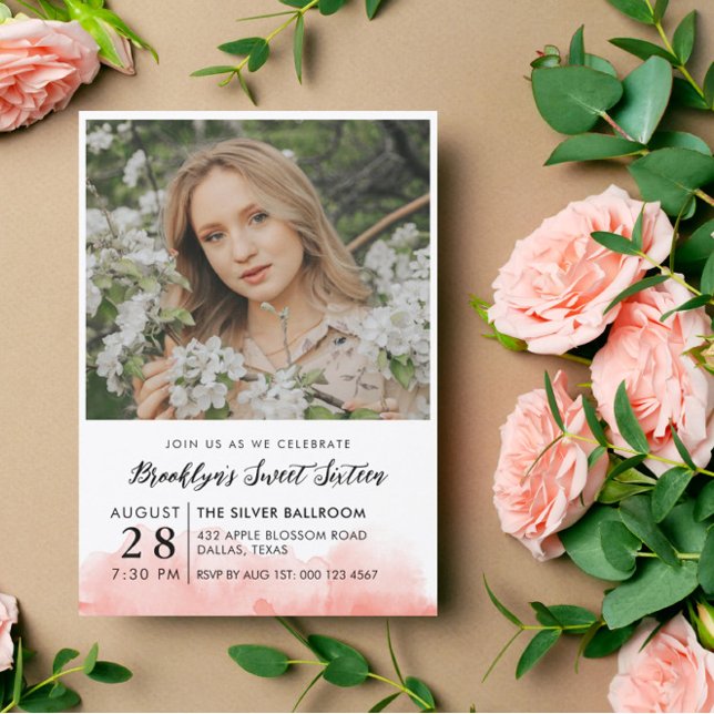 Rosa Foto Aquarell Süß 16 Einladung (Von Creator hochgeladen)