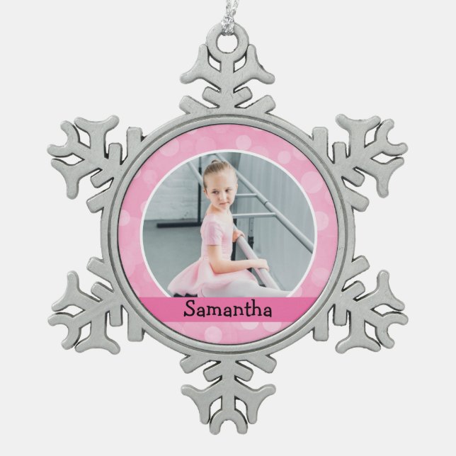 Rosa Foto Ballett Tänzer Bokeh Holiday Monogram Schneeflocken Zinn-Ornament (Vorderseite)