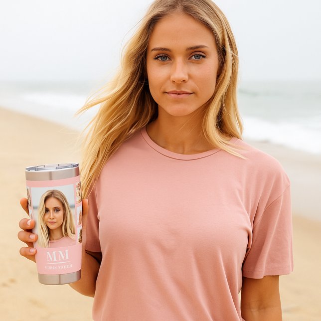 Rosa Foto Collage Monogramm Name Thermobecher (Von Creator hochgeladen)