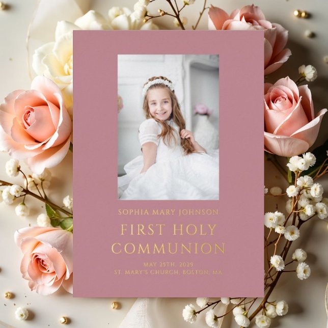 Rosa Foto Girl del Malcantone Folieneinladung (Elegant Pink Photo Girl First Communion Gold Foil Invitation)