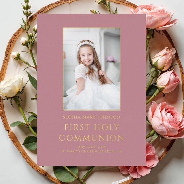 Rosa Foto Girl Folieneinladung (Pink Photo Girl First Holy Communion Gold Foil Invitation)