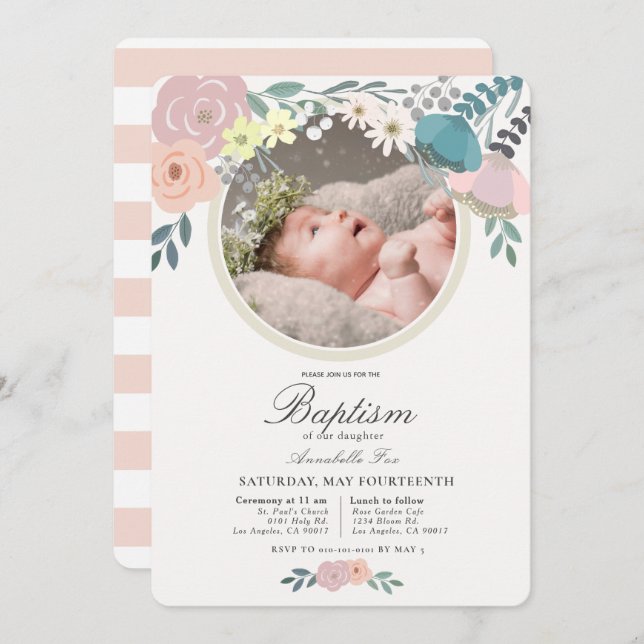Rosa Foto Girl Taufe Einladung (Vorne/Hinten)