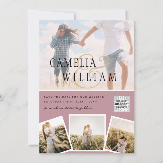 Rosa Foto Hochzeitsstichtag QR-Code Rett Datum Einladung (Vorderseite)