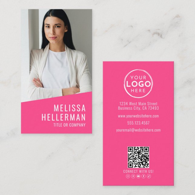 Rosa Foto QR-Code-Logo Vertikal Visitenkarte (Vorne/Hinten)