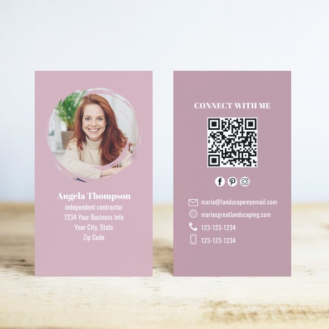 Rosa Foto-QR-Code: Verbinde dich mit mir Geschäfts Visitenkarte (Pink QR Code business card template. with social media icons.)