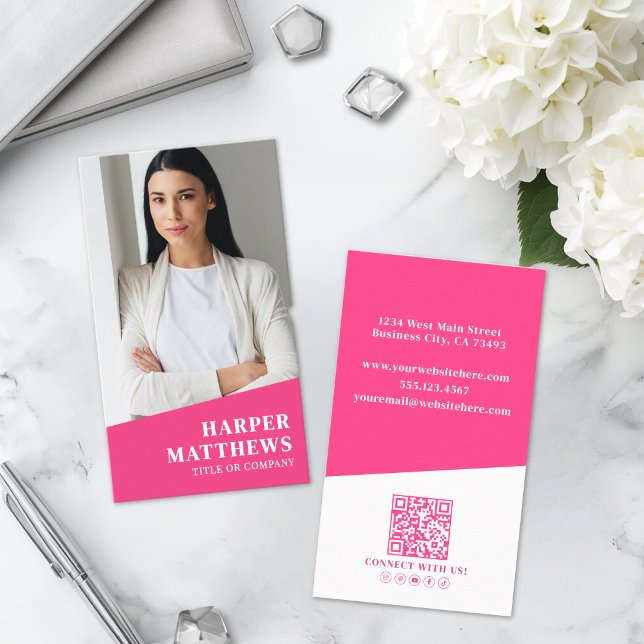 Rosa Foto QR Code Vertikal Visitenkarte (Pink Photo QR Code Vertical Business Card )