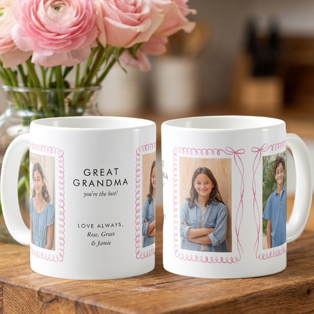 Rosa Foto Rahmen Editierbar Urgroßmutter  Kaffeetasse (Pink Bow Squiggly framed 3 Photo Mug - Preppy Coquette Holiday Collection by Darling & May)