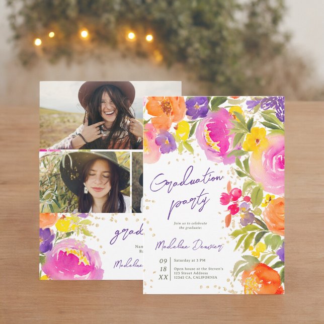 Rosa Fotos in den Blumen Abschluss Einladung (Pink summer floral watercolor photos graduation invitation)
