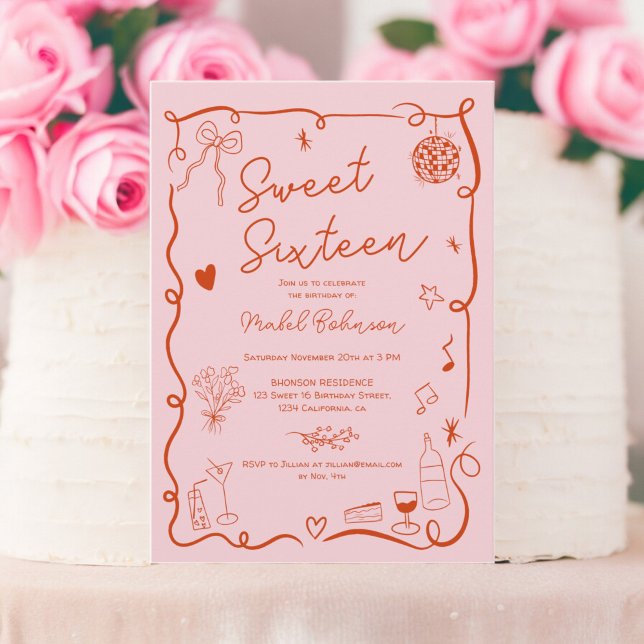 Rosa französische Hand gezeichnet illustriert Swee Einladung (Pink red French hand drawn illustrated Sweet 16 Invitation)