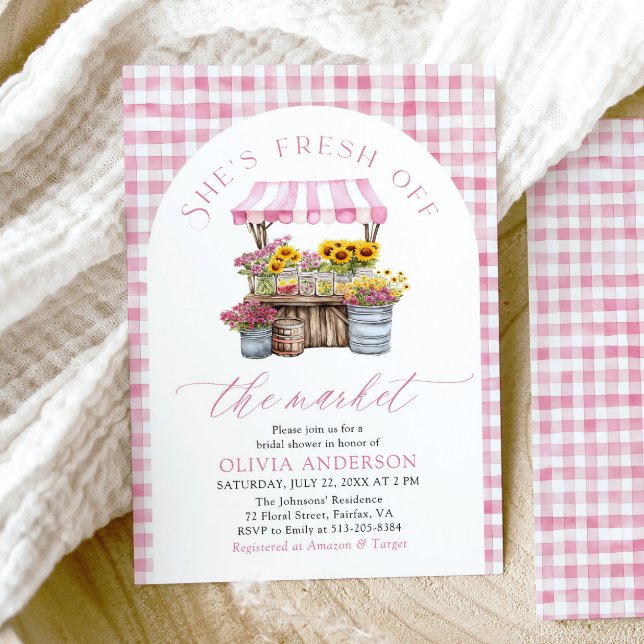Rosa Fresh off Market Arch Brautparty Einladung (Watercolor Elegant Pink Fresh Off The Market Farmers Market Arch Bridal Shower Invitation)