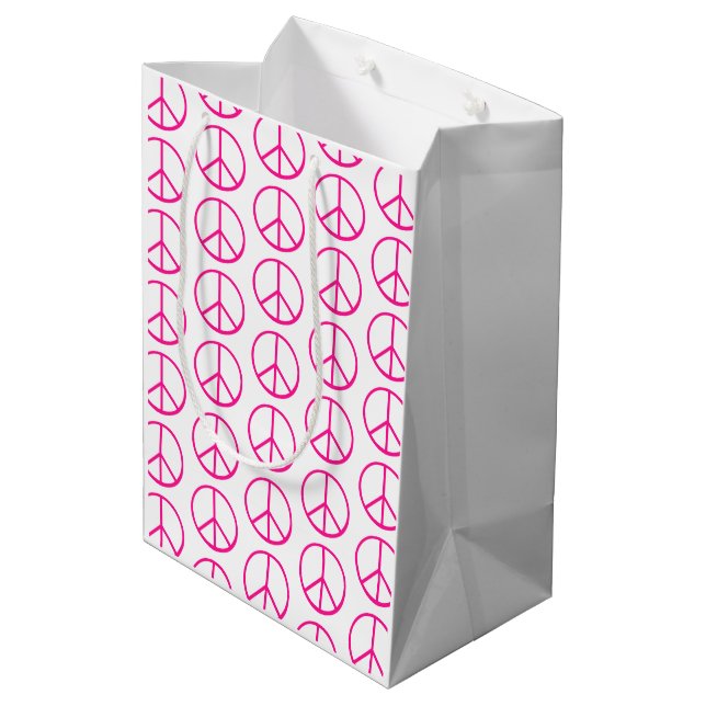 Rosa Friedenszeichen-Geschenkpapier Mittlere Geschenktüte (Rückseite Schrägansicht)